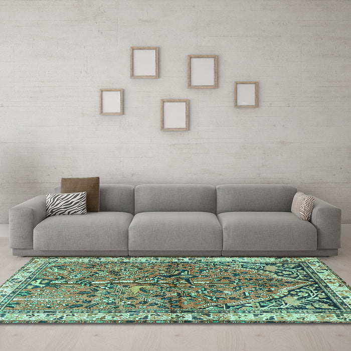 Machine Washable Animal Turquoise Traditional Area Rugs in a Living Room,, wshtr3424turq