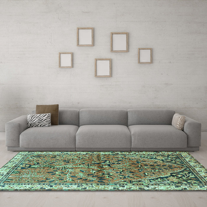 Machine Washable Animal Turquoise Traditional Area Rugs in a Living Room,, wshtr3425turq