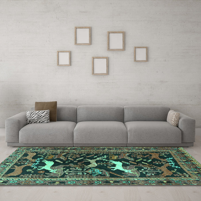 Machine Washable Animal Turquoise Traditional Area Rugs in a Living Room,, wshtr3426turq