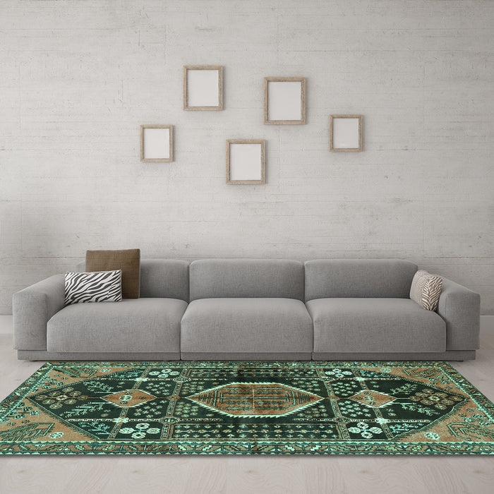 Machine Washable Persian Turquoise Traditional Area Rugs in a Living Room,, wshtr3429turq