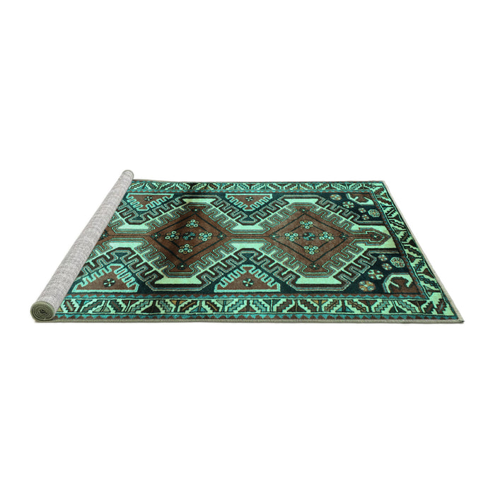 Sideview of Machine Washable Persian Turquoise Traditional Area Rugs, wshtr342turq