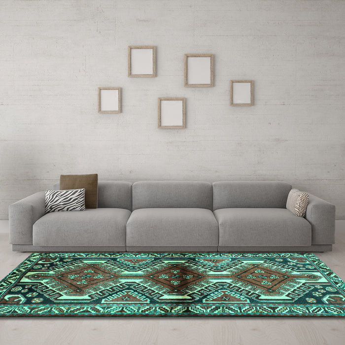 Machine Washable Persian Turquoise Traditional Area Rugs in a Living Room,, wshtr342turq