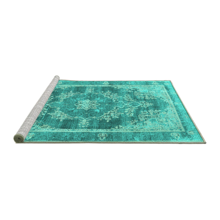 Sideview of Machine Washable Persian Turquoise Traditional Area Rugs, wshtr3438turq