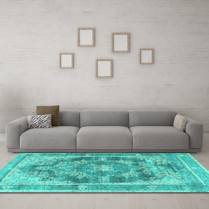 Machine Washable Persian Turquoise Traditional Area Rugs in a Living Room,, wshtr3438turq