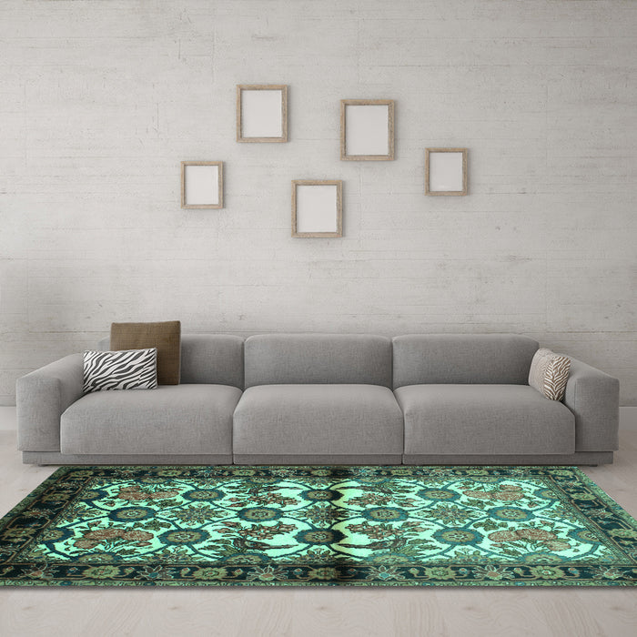 Machine Washable Persian Turquoise Traditional Area Rugs in a Living Room,, wshtr343turq