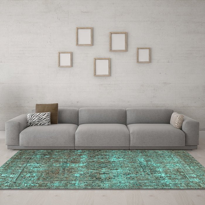 Machine Washable Persian Turquoise Bohemian Area Rugs in a Living Room,, wshtr3448turq