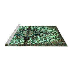 Sideview of Machine Washable Medallion Turquoise Traditional Area Rugs, wshtr344turq