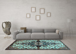 Machine Washable Medallion Light Blue Traditional Rug in a Living Room, wshtr344lblu
