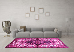Machine Washable Medallion Pink Traditional Rug in a Living Room, wshtr344pnk
