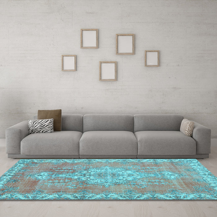 Machine Washable Medallion Light Blue Traditional Rug in a Living Room, wshtr3452lblu