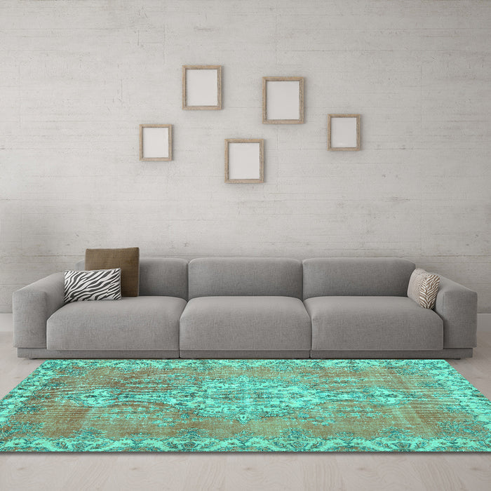 Machine Washable Medallion Turquoise Traditional Area Rugs in a Living Room,, wshtr3452turq