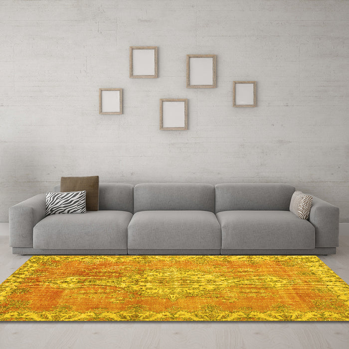 Machine Washable Medallion Yellow Traditional Rug in a Living Room, wshtr3452yw
