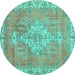 Round Machine Washable Medallion Turquoise Traditional Area Rugs, wshtr3452turq