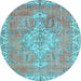 Round Machine Washable Medallion Light Blue Traditional Rug, wshtr3452lblu