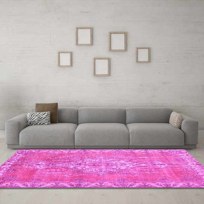 Machine Washable Medallion Pink Traditional Rug in a Living Room, wshtr3452pnk