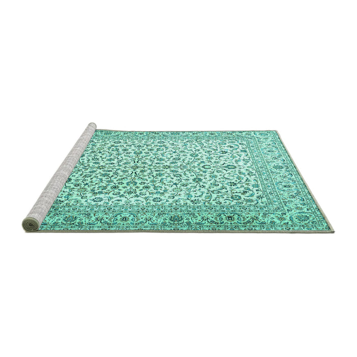 Sideview of Machine Washable Persian Turquoise Traditional Area Rugs, wshtr3458turq