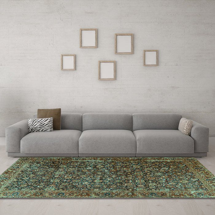 Machine Washable Persian Turquoise Traditional Area Rugs in a Living Room,, wshtr3459turq