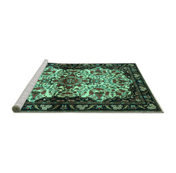 Sideview of Machine Washable Persian Turquoise Traditional Area Rugs, wshtr345turq