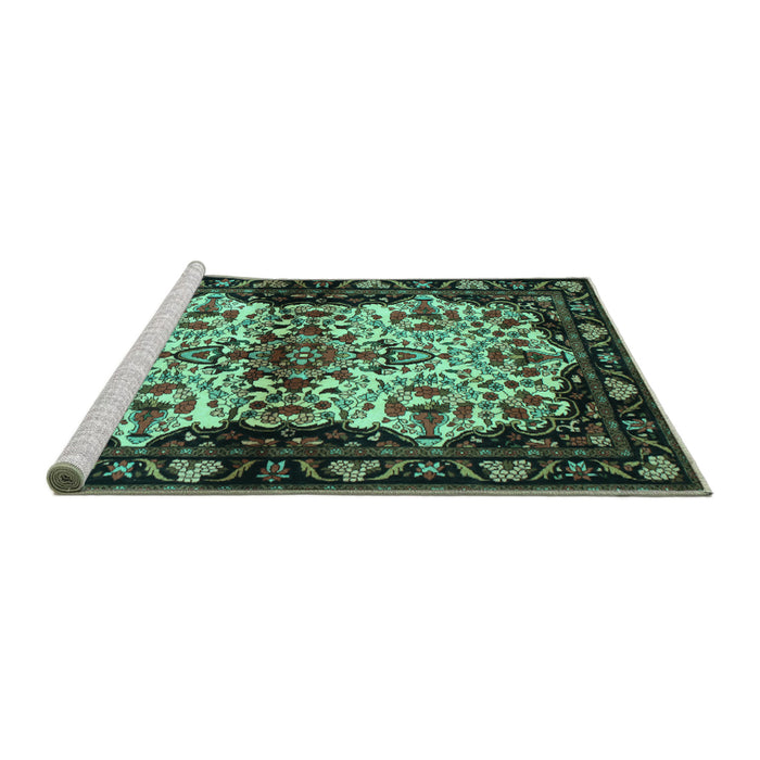 Sideview of Machine Washable Persian Turquoise Traditional Area Rugs, wshtr345turq