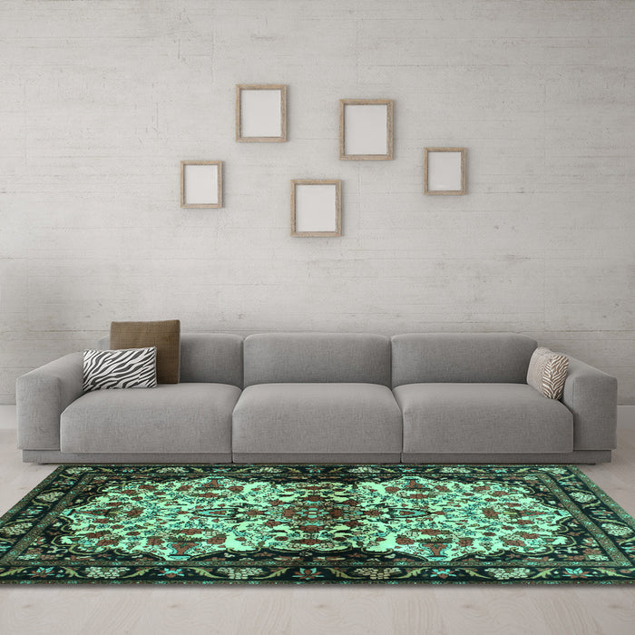 Machine Washable Persian Turquoise Traditional Area Rugs in a Living Room,, wshtr345turq