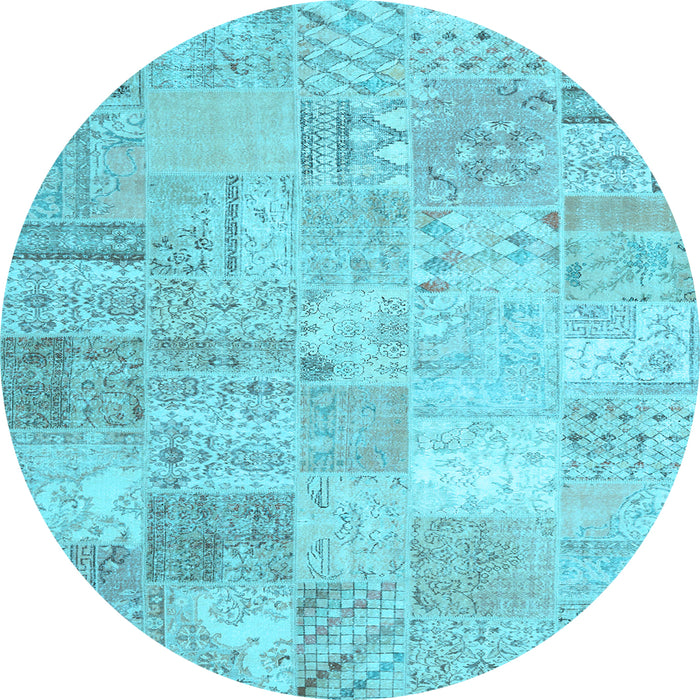 Round Machine Washable Patchwork Light Blue Transitional Rug, wshtr3460lblu