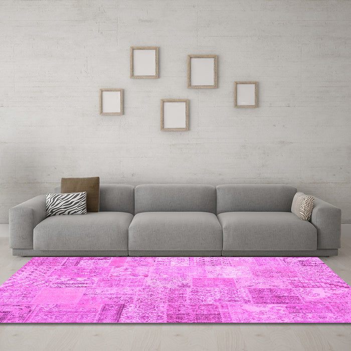 Machine Washable Patchwork Pink Transitional Rug in a Living Room, wshtr3460pnk