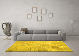 Machine Washable Patchwork Yellow Transitional Rug in a Living Room, wshtr3460yw