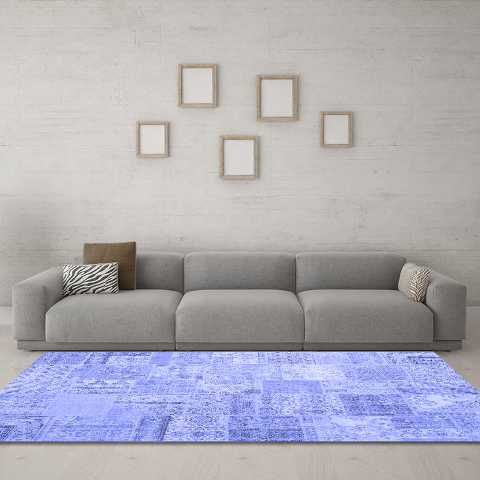 Machine Washable Patchwork Blue Transitional Rug in a Living Room, wshtr3460blu