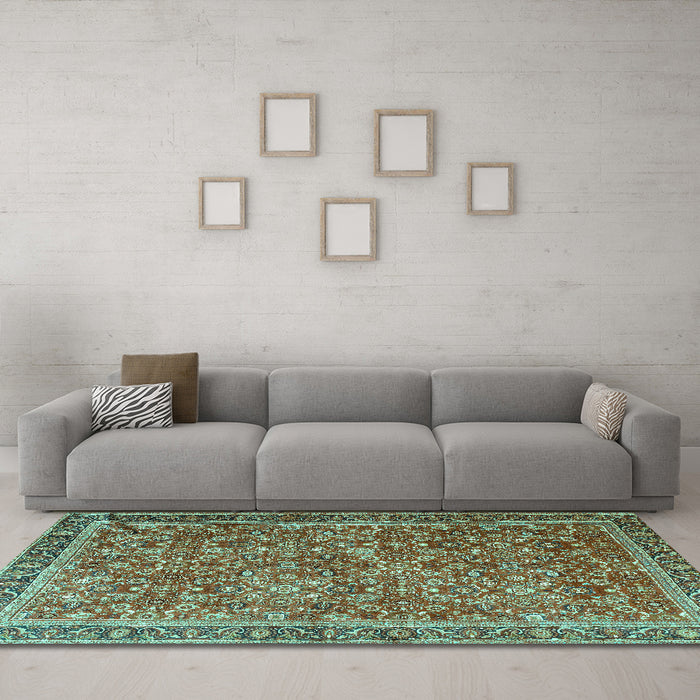 Machine Washable Persian Turquoise Traditional Area Rugs in a Living Room,, wshtr3461turq