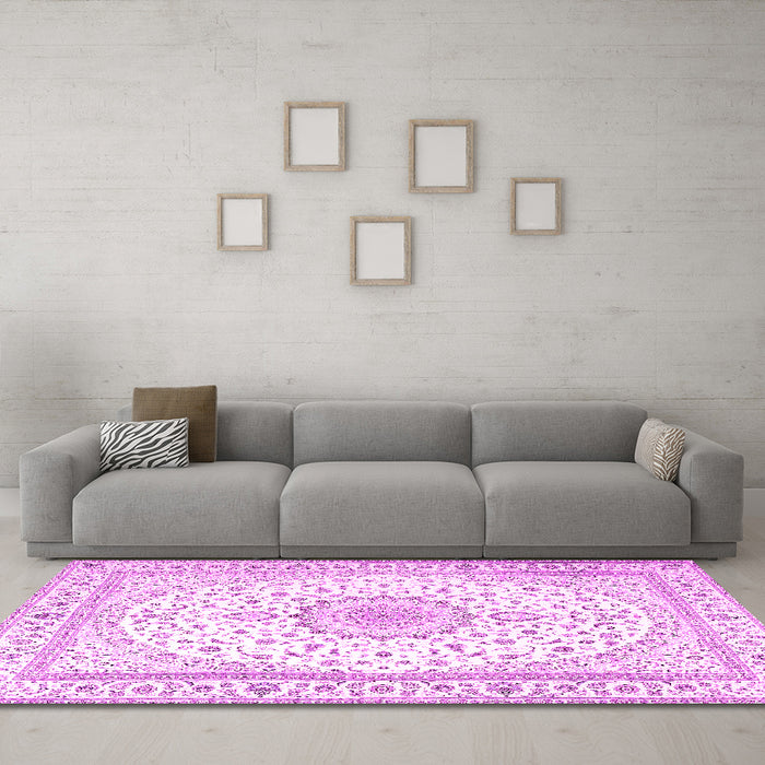 Machine Washable Medallion Pink Traditional Rug in a Living Room, wshtr3462pnk