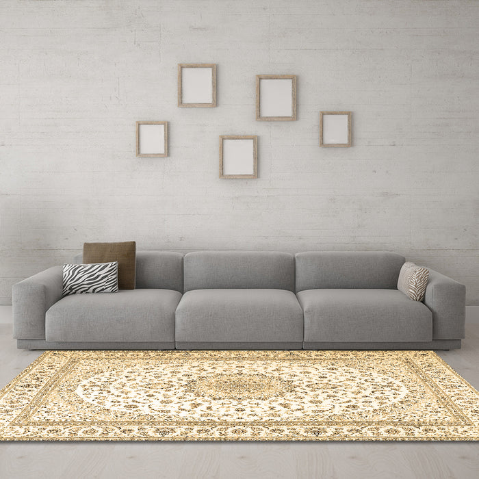 Machine Washable Medallion Brown Traditional Rug in a Living Room,, wshtr3462brn