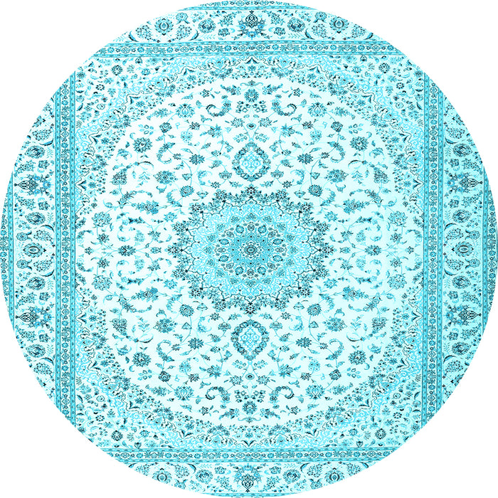 Round Machine Washable Medallion Light Blue Traditional Rug, wshtr3462lblu