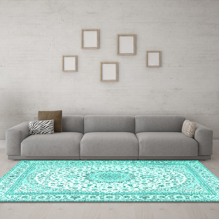Machine Washable Medallion Turquoise Traditional Area Rugs in a Living Room,, wshtr3462turq