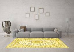 Machine Washable Medallion Yellow Traditional Rug in a Living Room, wshtr3462yw