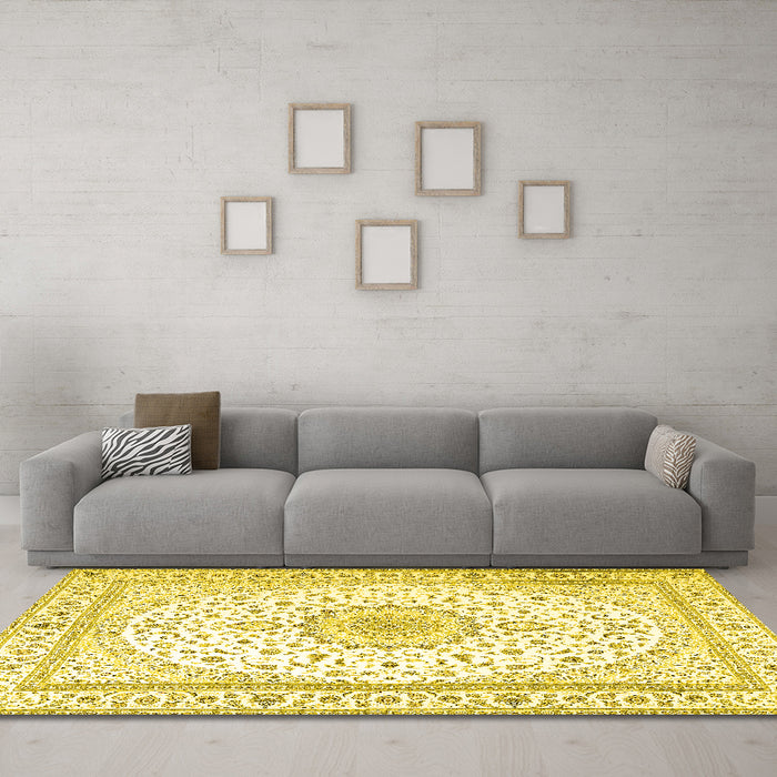 Machine Washable Medallion Yellow Traditional Rug in a Living Room, wshtr3462yw