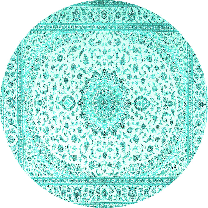 Round Machine Washable Medallion Turquoise Traditional Area Rugs, wshtr3462turq