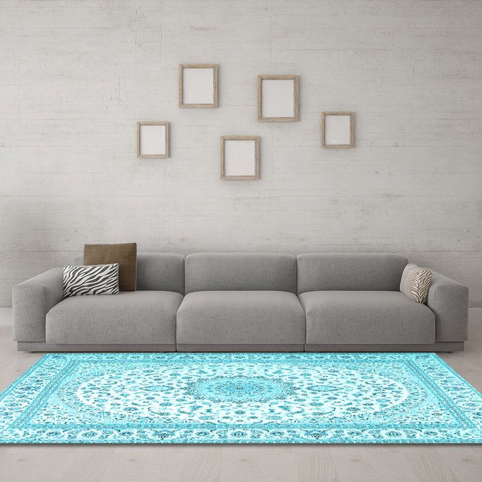 Machine Washable Medallion Light Blue Traditional Rug in a Living Room, wshtr3462lblu