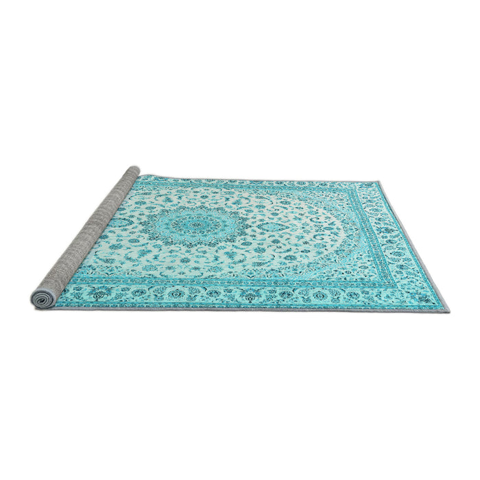 Sideview of Machine Washable Medallion Light Blue Traditional Rug, wshtr3462lblu