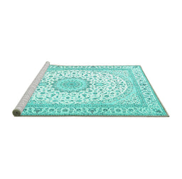 Sideview of Machine Washable Medallion Turquoise Traditional Area Rugs, wshtr3462turq