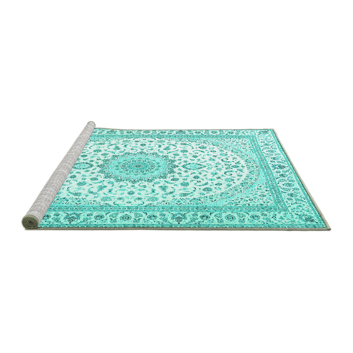 Sideview of Machine Washable Medallion Turquoise Traditional Area Rugs, wshtr3462turq