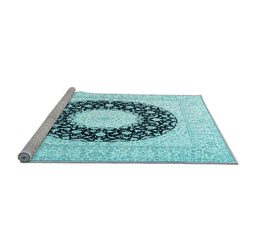 Sideview of Machine Washable Medallion Light Blue Traditional Rug, wshtr3463lblu