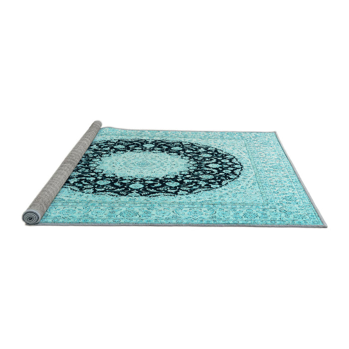 Sideview of Machine Washable Medallion Light Blue Traditional Rug, wshtr3463lblu