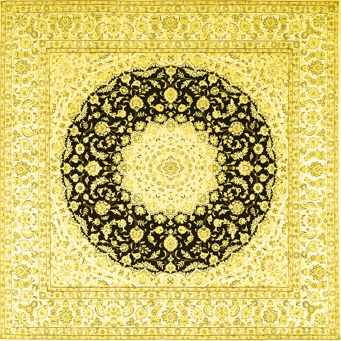 Square Machine Washable Medallion Yellow Traditional Rug, wshtr3463yw