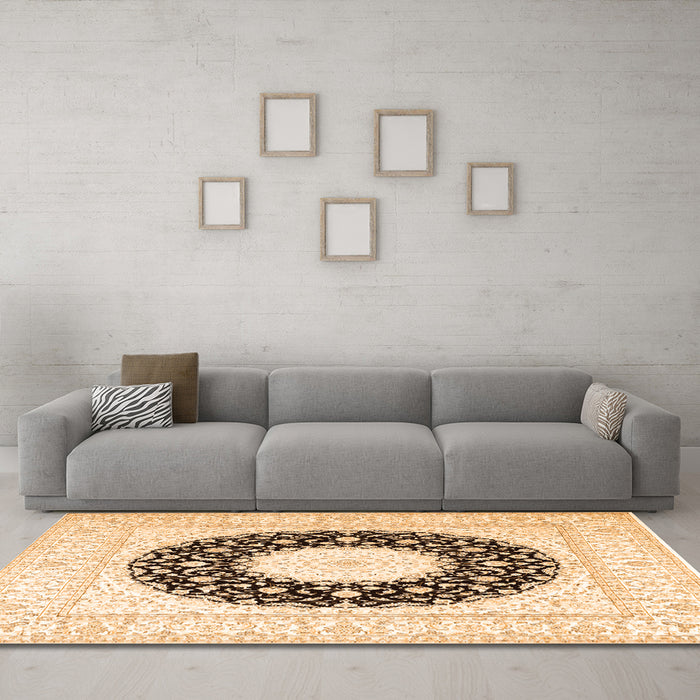Machine Washable Medallion Orange Traditional Area Rugs in a Living Room, wshtr3463org