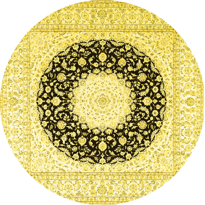 Round Machine Washable Medallion Yellow Traditional Rug, wshtr3463yw