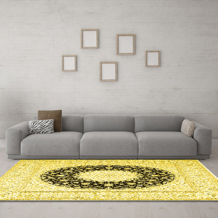 Machine Washable Medallion Yellow Traditional Rug in a Living Room, wshtr3463yw