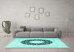 Machine Washable Medallion Turquoise Traditional Area Rugs in a Living Room,, wshtr3463turq