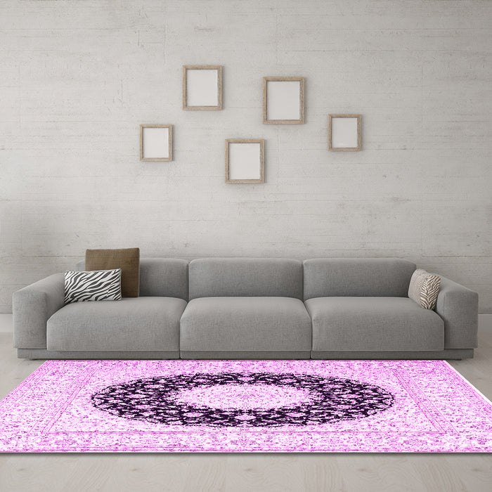 Machine Washable Medallion Pink Traditional Rug in a Living Room, wshtr3463pnk