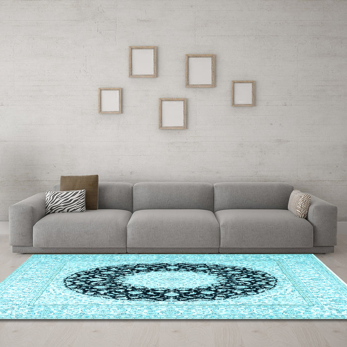 Machine Washable Medallion Light Blue Traditional Rug in a Living Room, wshtr3463lblu