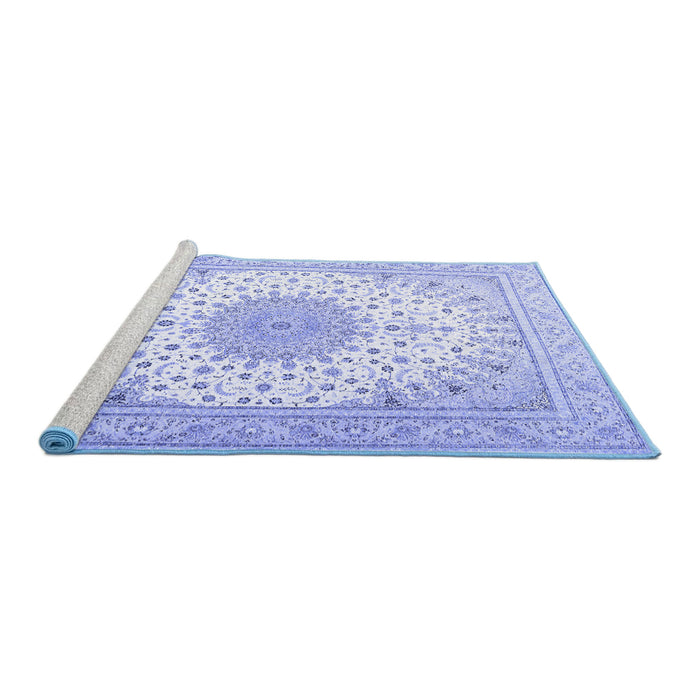 Sideview of Machine Washable Medallion Blue Traditional Rug, wshtr3464blu